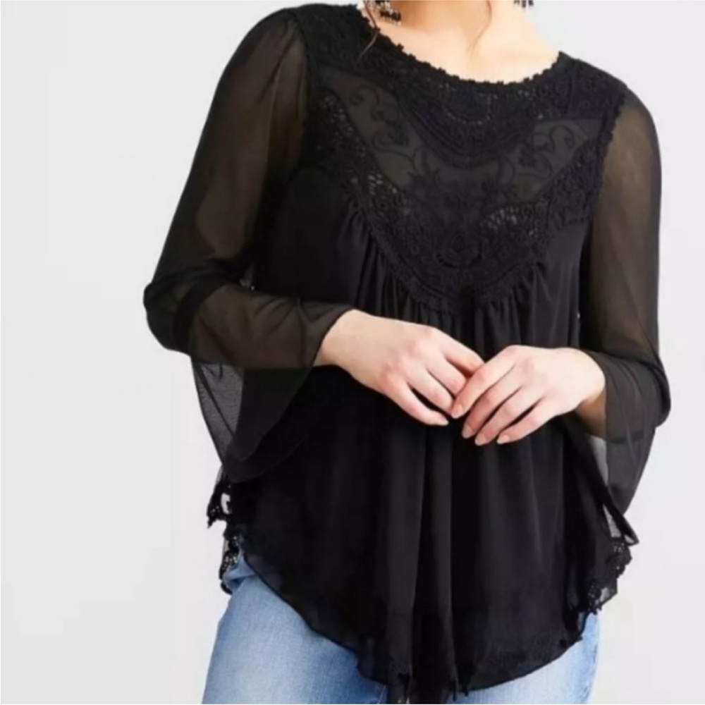 Cato • Women's Black Sheer Crochet Lace Bell Sleeve Peasant Blouse